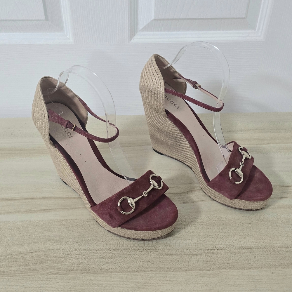 Gucci Horsebit Suede Wedge Espadrille Sandals In Dry Rose Size EU40/US9.5 - Picture 9 of 15